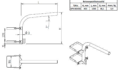 Picture of Valgusti kandur betoonpostile L=1,5m+0,4m+konks 2 x kinnitusklamber