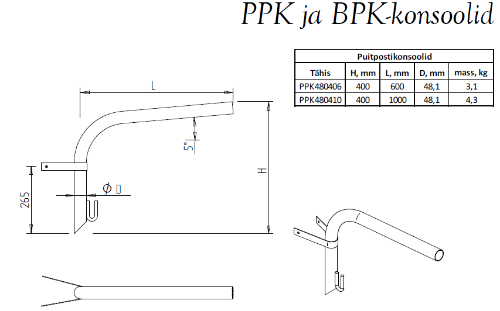 Picture of Valgusti kandur puitpostile L=1,5m+0,5+konks