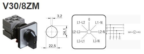 Picture of Voltmeetrilüliti WOC, (L1-L3,L2-L3,L1-L2,L1-N,L2-N,L3-N), 25A, 690V, uksele (22mm ava), Sontheimer