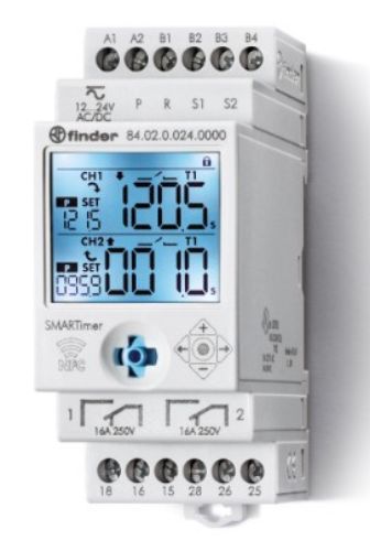 Picture of Aegrelee (digitaalne) 84.02, 2 kanaliga, 2 CO 16A, 0.1s-9999h, 30 funkt, 12-24V AC/DC, Finder