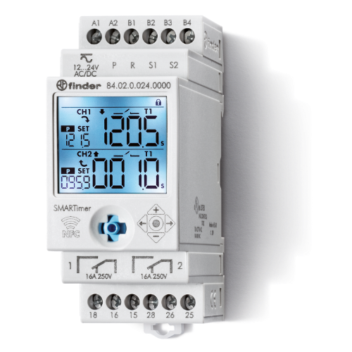 Picture of Aegrelee (digitaalne) 84.02, 2 kanaliga, 2 CO 16A, 0.1s-9999h, 30 funkt, 110-240 VAC/DC, Finder